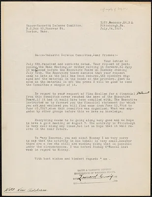 Leonard Craig (Sacco-Vanzetti Defense Committee of Western Pennsylvania) typed letter signed to Sacco-Vanzetti Defense Committee, Pittsburgh, Pa., July 14, 1927
