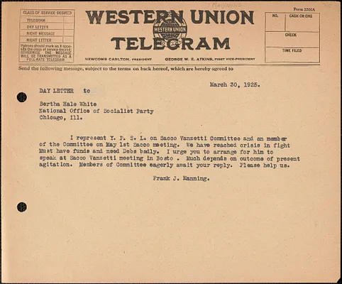 Frank J. Manning telegram (copy?) to Bertha Hale White, [Boston, Mass.?], March 30, 1925