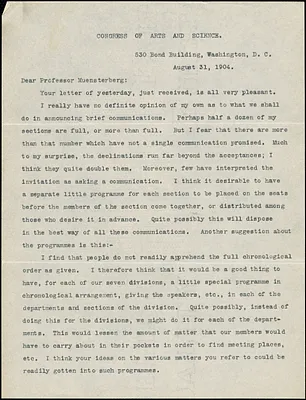 Newcomb, Simon, 1835-1909 typed letter signed to Hugo Münsterberg, Washington, 31 August 1904