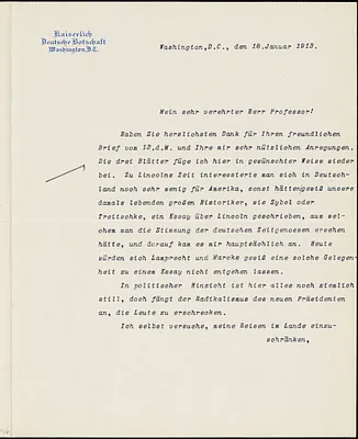 Bernstorff, Johann Heinrich, Graf von, 1862-1939 typed letter signed to Hugo Münsterberg, Washington, D.C., 18 January 1913