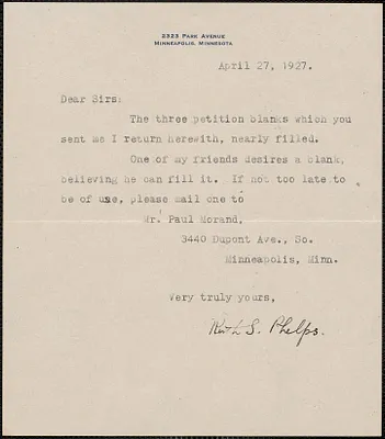 Ruth S. Phelps typed note signed to Sacco-Vanzetti Defense Committee, Minneapolis, Minn., April 27, 1927