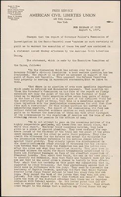 American Civil Liberties Union press release, New York, N. Y., August 8, 1927