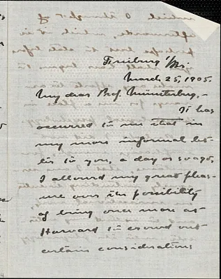 Angier, Roswell Parker, 1874-1946 autograph letter signed to Hugo Münsterberg, Freiburg i. Br., 25 March 1905