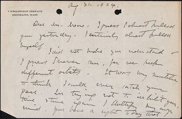 E[lizabeth] G[lendower] E[vans] autograph letter signed to [Fred H.] Moore, Brookline, Mass., August 31, 1924