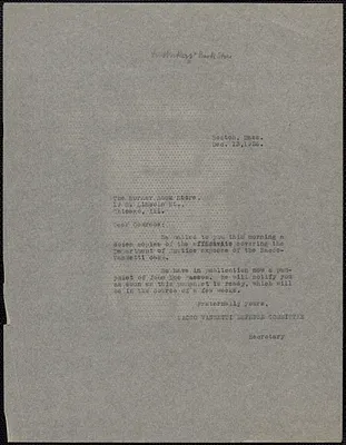 Sacco-Vanzetti Defense Committee typed note to Workers' Book Store, Boston, Mass., December 13, 1926