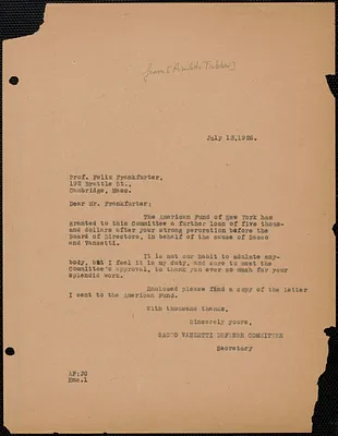 Amleto Fabbri (Sacco-Vanzetti Defense Committee) typed letter (copy) to Felix Frankfurter, Boston, Mass., July 13, 1926