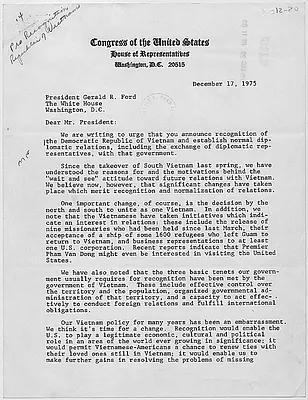 Letter from fifteen members of the U.S. House of Representatives to President Gerald R. Ford concerning diplomatic relations with the Democratic Republic of Vietnam