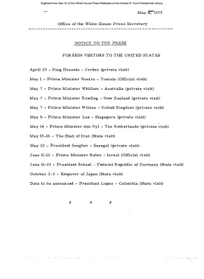 Foreign Visitors to the United States [Notice to Press]