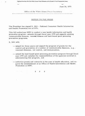 Signing of S. 1466 - National Consumer Health Information and Health Promotion Act of 1976 [Signing Statements and Announcements]