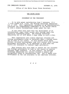 Presidential statement on signing H.R. 11315 - Foreign Sovereign Immunities Act of 1976 [Signing Statements and Announcements]