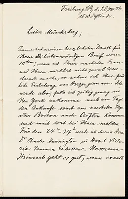 Keibel, Franz, 1861-1929 autograph letter signed to Hugo Münsterberg, Freiburg i.B., 28 August 1906