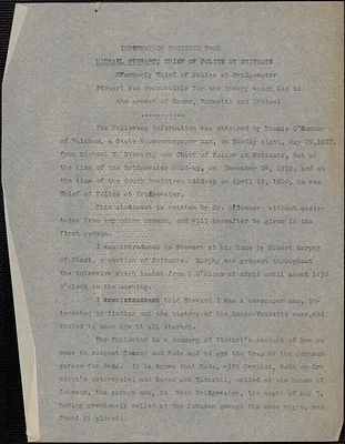 Thomas O'Connor typescript (copy), [Boston, Mass., August 1927]: Information received from Michael Stewart, Chief of Police at Scituate
