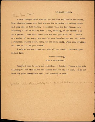Bartolomeo Vanzetti typed letter (copy) to [Elizabeth Glendower Evans], [Dedham], 19 April 1927