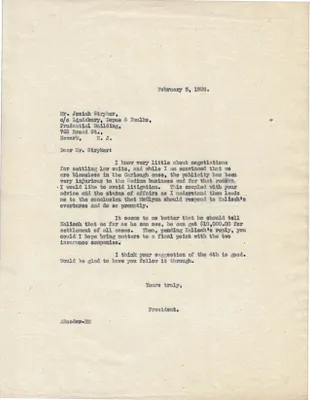 Letters Sent to Josiah Stryker, February 5, 1926