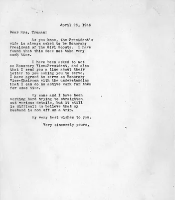 Letter from Eleanor Roosevelt to Bess Wallace Truman