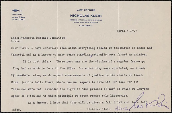 Nicholas Klein typed letter signed to Sacco-Vanzetti Defense Committee, Cincinnati, Ohio, April 4, 1927