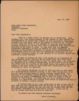 [Creighton J. Hill and Aldino Felicani] typed letter to Alice Stone Blackwell, [Boston, Mass.], August 13, 1932