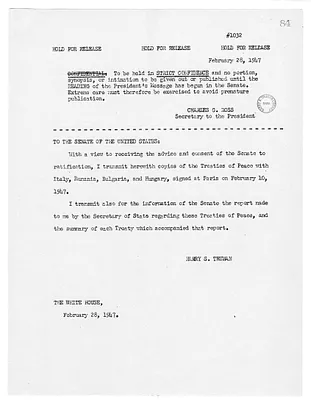 White House Press Release, Message from President Harry S. Truman to the United States Senate