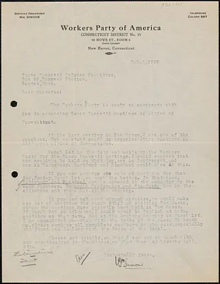 William Simons (Workers Party of America, Connecticut District No. 15) typed letter signed to Sacco-Vanzetti Defense Committee, New Haven, Conn., February 9, 1925