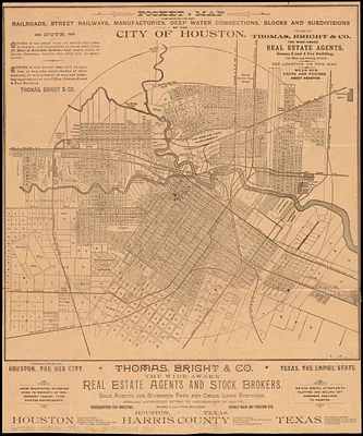 Pocket map showing the railroads, street railways, manufactories, deep water connections, blocks and subdivisions of the city of Houston