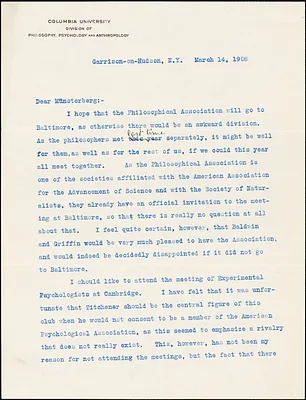 Cattell, James McKeen, 1860-1944 typed letter signed to Hugo Münsterberg, Garrison-on-Hudson, 14 March 1908