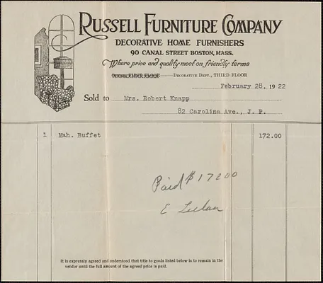 Receipt from Russell Furniture Company for Mrs. Robert Knapp, February 28, 1922