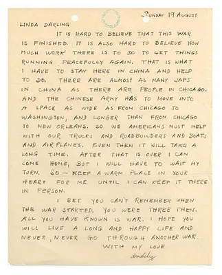 Letter, Major General Henry Aurand to Daughter, Linda Aurand