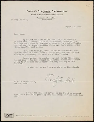 Creighton Hill typed letter signed to Mary Donovan, Newton, Mass., August 25, 1927