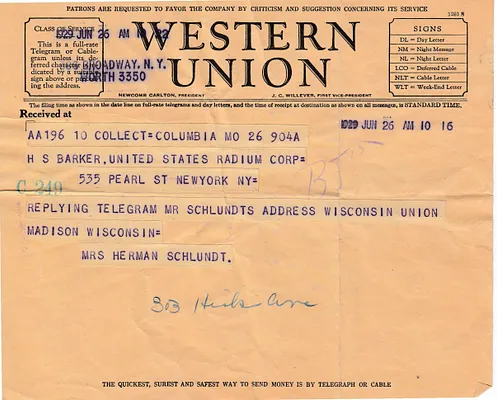 Telegram to HS Barker [H.H. Barker], June 26, 1929