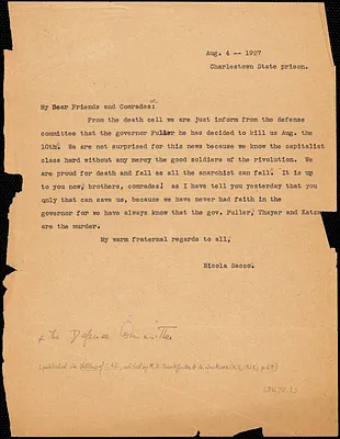 Nicola Sacco typed letter (copy) to "My dear Friends and Comrades" (Sacco-Vanzetti Defense Committee, Boston, MA), Charlestown, 4 August 1927