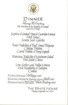 Cards-Menus, Dinner, Honoring The President of The Republic of Senegal and Mrs. Diouf, The White House, September 10, 1991