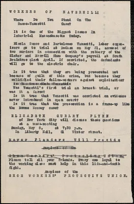 Shoe Workers' Protective Union handbill, Haverhill, Mass., [May, 1921?]: Workers of Haverhill: Where do you stand on the Sacco-Vanzetti case?