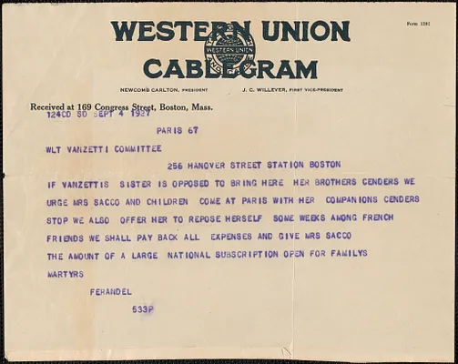 Ferandel telegram, in French, to Sacco-Vanzetti Defense Committee, Paris, France, September 4, 1927