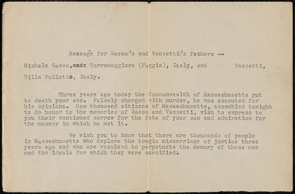 Michele Sacco typed letter (copy) to Sacco's and Vanzetti's fathers, Torremaggiore (Foggia), Italy and Villa Folletto, Italy, [August 23, 1930]