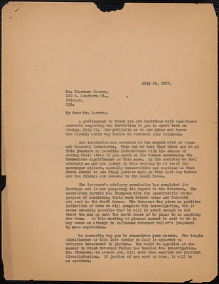 Sacco-Vanzetti Defense Committee typed letter (copy) to Clarence Darrow, Boston, Mass., July 26, 1927
