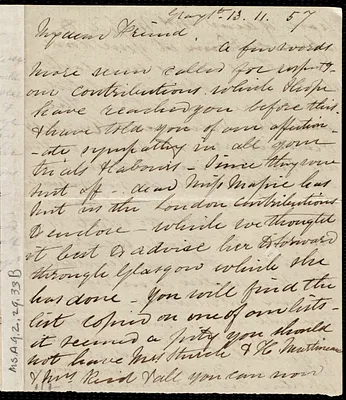 Letter from Eliza Wigham, Gray St[reet], [Edinburgh, Scotland], to Maria Weston Chapman, 13-11-[18]57