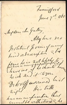 Emily Tennyson autograph letter signed to Mr. Gatty, Farringford, [Isle of Wight], 7 June 1860