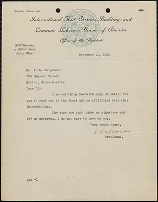 D. D'Alessandro (International Hod Carriers', Building and Common Laborers' Union of America) typed letter signed to A. L. Carpenter, Quincy, Mass., December 11, 1923