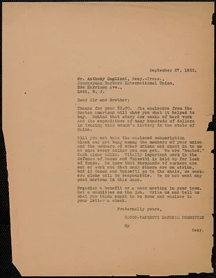 Frank R. Lopez (Sacco-Vanzetti Defense Committee) typed letter (copy) to Anthony Gaglioni (Journeyman Barbers International Union), Boston, Mass., September 27, 1922