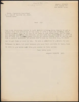Angelo Crisafi typed note to Sacco-Vanzetti Defense Committee, New Haven, Conn., approximately [June 2, 1927]
