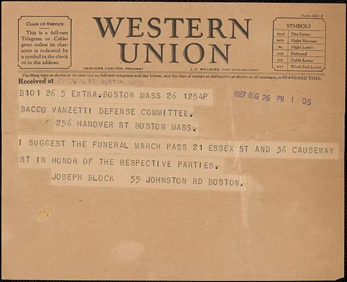 Joseph Block telegram to Sacco-Vanzetti Defense Committee, Boston, Mass., August 26, 1927