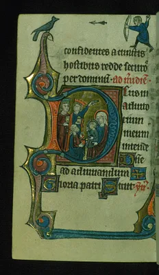 Leaf from Book of Hours: Sext, Initial ""D"" with the Adoration of the Magi and Marginal Drollery of a Man Shooting an Arrow at a Bird