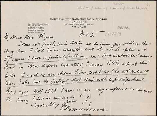 Clarence Darrow autograph note signed to [Elizabeth Gurley] Flynn, Chicago, Ill., November 5, [1924?]