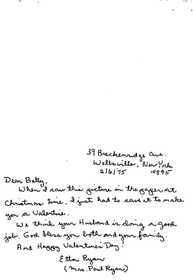 Valentine from Etta Ryan to First Lady Betty Ford