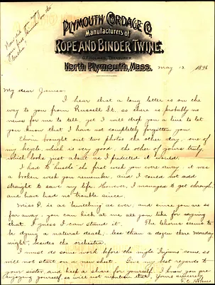 F.C. Holmes to James W. Spooner May 13 1896 on Plymouth Cordage Co. letterhead