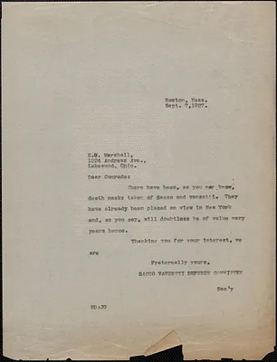 Mary Donovan (Sacco-Vanzetti Defense Committee) typed note (copy) to E. G. Marshall, Boston, Mass., September 7, 1927