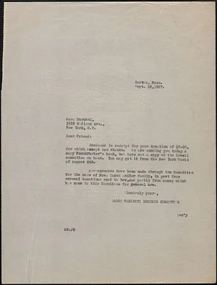 Mary Donovan (Sacco-Vanzetti Defense Committee) typed letter (copy) to Anna Murchel, Boston, Mass., September 19, 1927