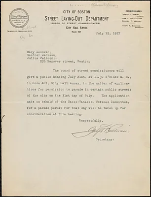 Joseph F. Sullivan (Street Laying-Out Department, City of Boston) typed letter signed to Mary Donovan, Boston, Mass., July 15, 1927