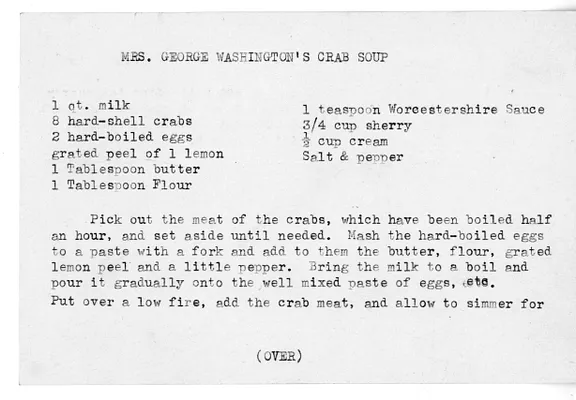 Recipe for Mrs. George Washington's Crab Soup