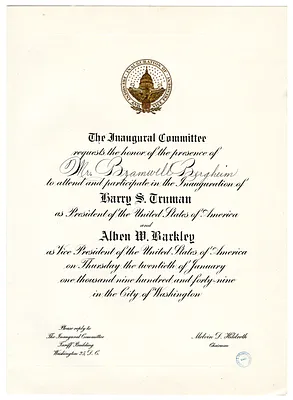 Invitation for Bramwell Bergheim to Attend Inauguration of President Harry S. Truman